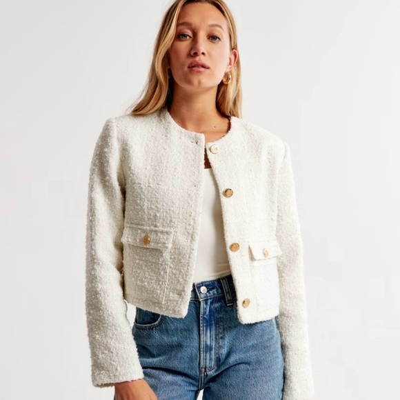 ABERCROMBIE & FITCH | COLLARLESS CROPPED TWEED JACKET IN WHITE LARGE - Picture 6 of 13